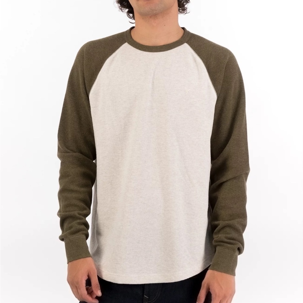American Eagle Waffle Knit Raglan Long Sleeve Tee | Olive & Cream | Size L